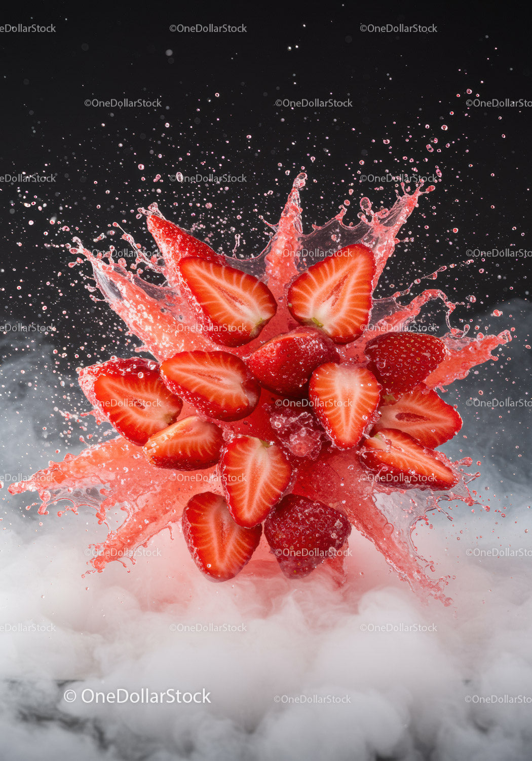 Fresh strawberries exploding with vibrant juice splash