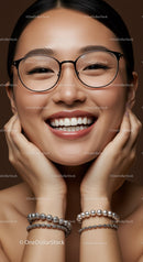 Smiling woman with glasses and elegant bracelets closeup