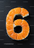 Salmon sushi roll shaped as number six on black surface