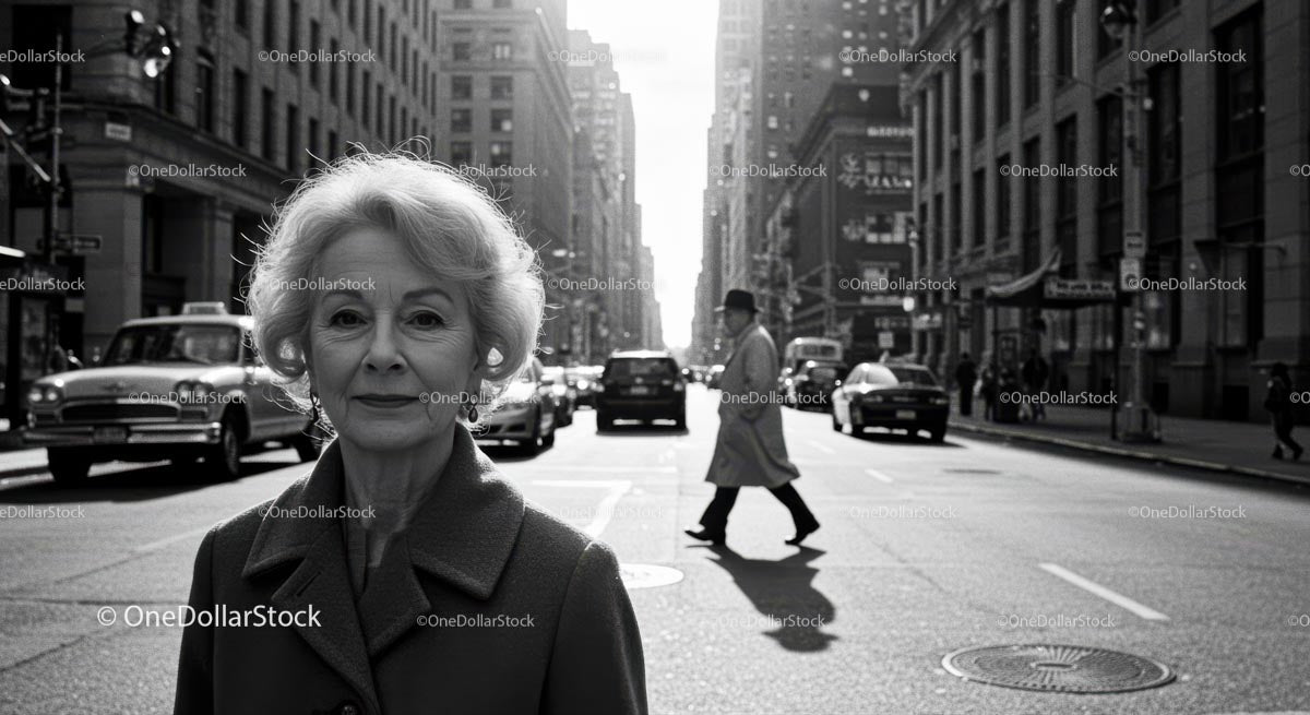 Elderly Woman in Busy City Street Surrounded by Vintage Cars