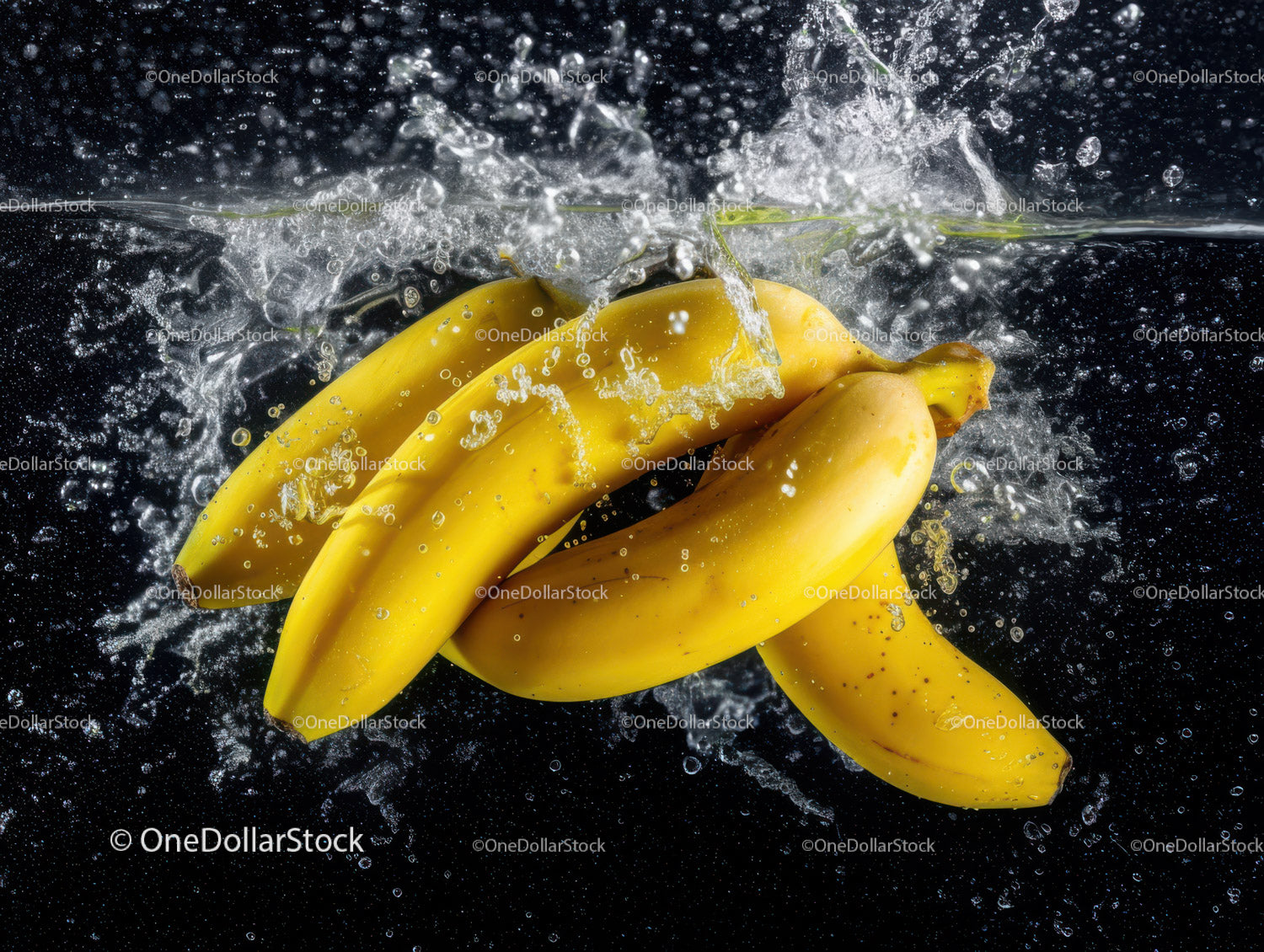 Fresh Yellow Bananas Splashing in Water Black Background