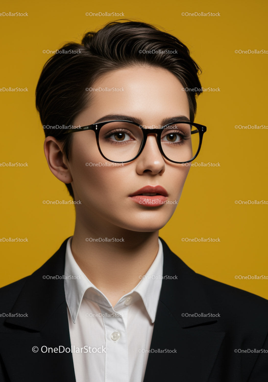 Elegant Businesswoman with Short Hair and Stylish Glasses in Professional Style