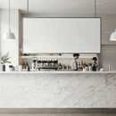 Modern coffee bar with marble counter and staff