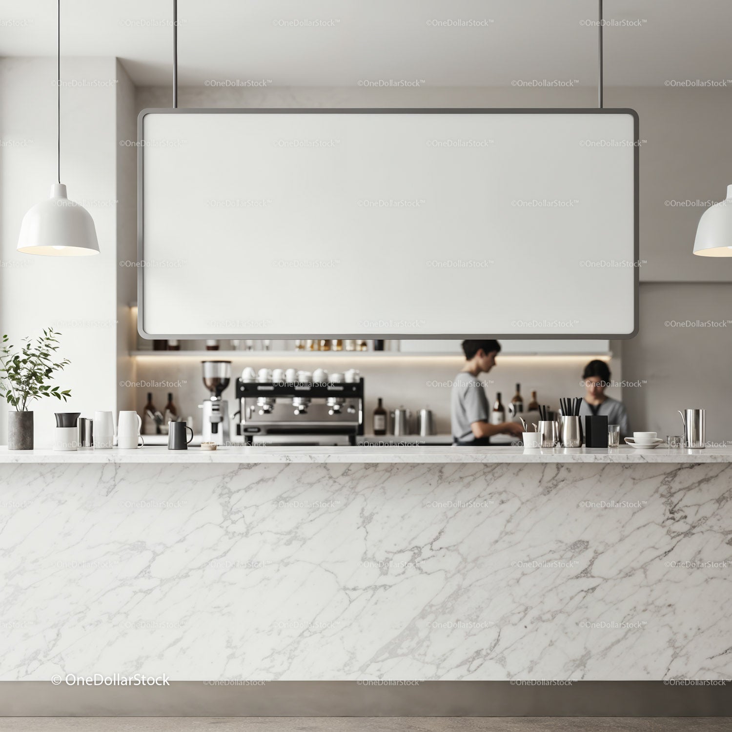Modern coffee bar with marble counter and staff