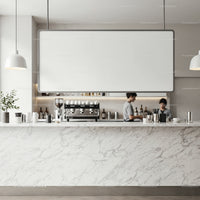 Modern coffee bar with marble counter and staff