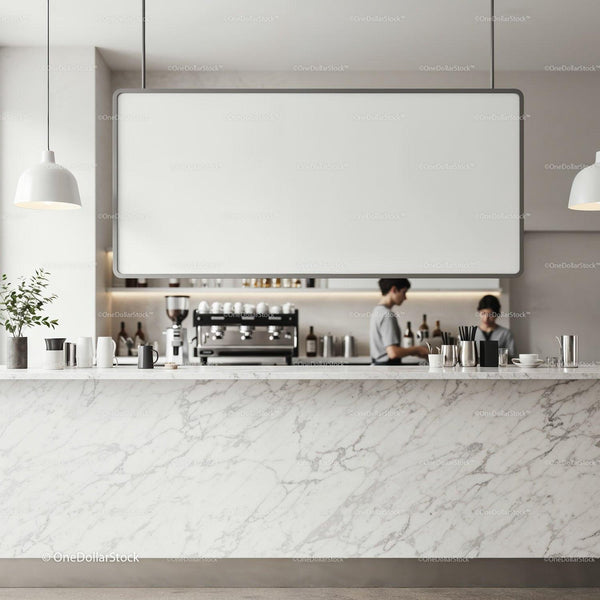 Modern coffee bar with marble counter and staff JPG Mockup Image