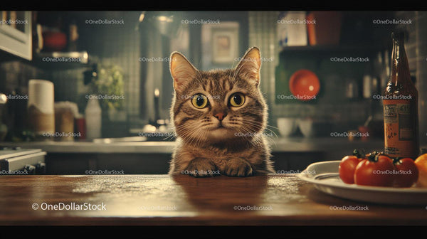 Curious Tabby Cat Sitting at Wooden Table