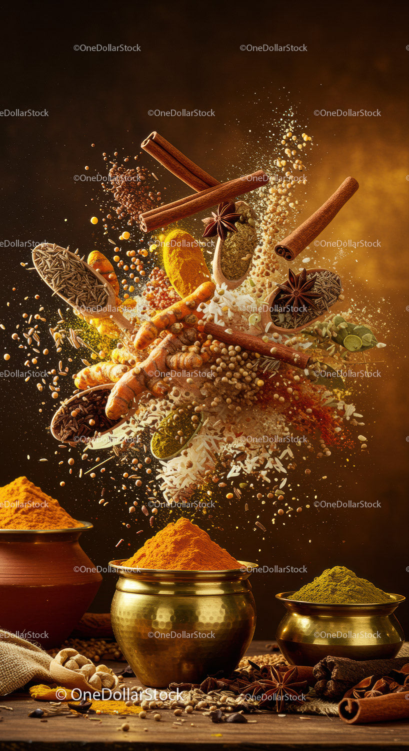 Assorted Spices and Herbs Bursting in Vibrant Motion