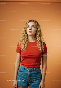 Young woman wearing red top and denim shorts standing