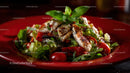 Fresh Tomato Salad with Grilled Fish and Basil on Red Plate