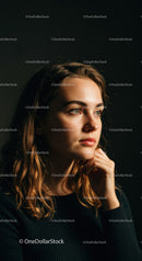 Thoughtful young woman in contemplative pose indoors