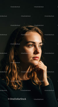 Thoughtful young woman in contemplative pose indoors