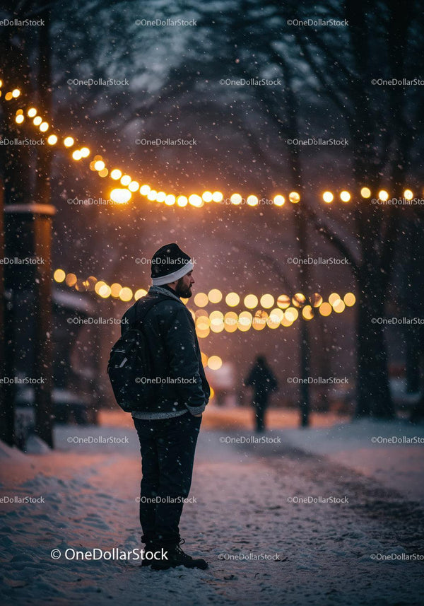 Man standing in snowy street with warm glowing lights