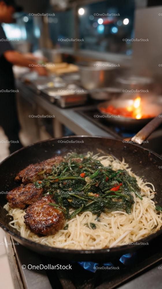Stir-fried Spaghetti with Chicken and Greens in a Modern Kitchen