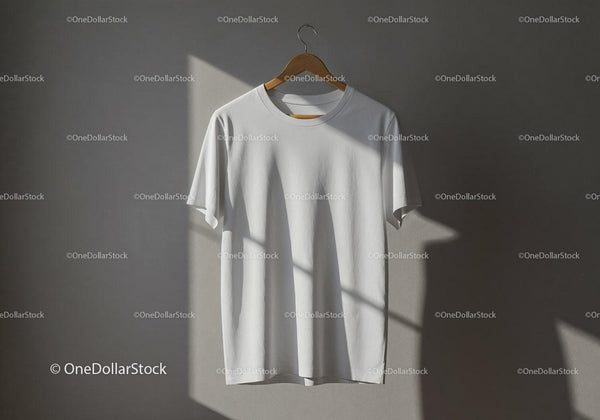 Minimalist white t-shirt hanging on wooden hanger JPG Mockup Image