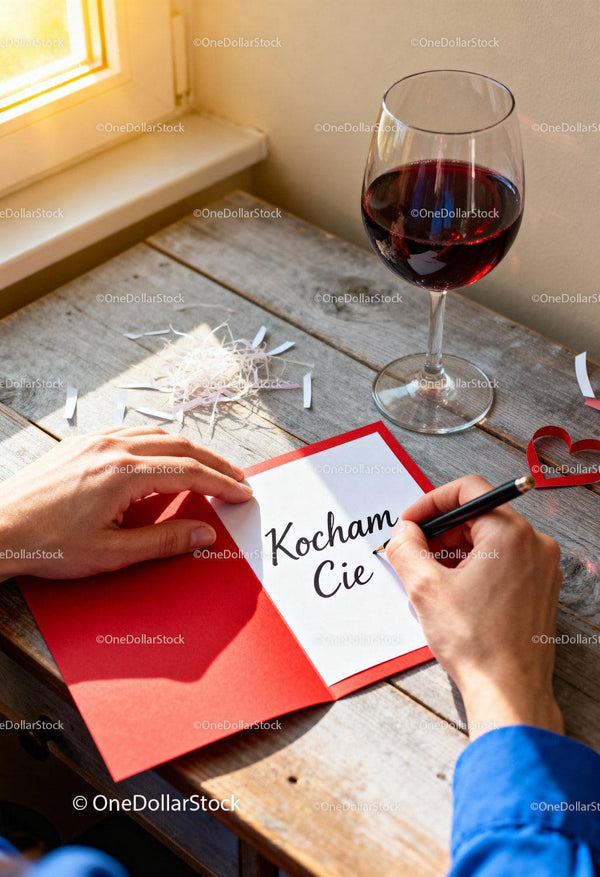 Writing a heartfelt love note by the window with wine