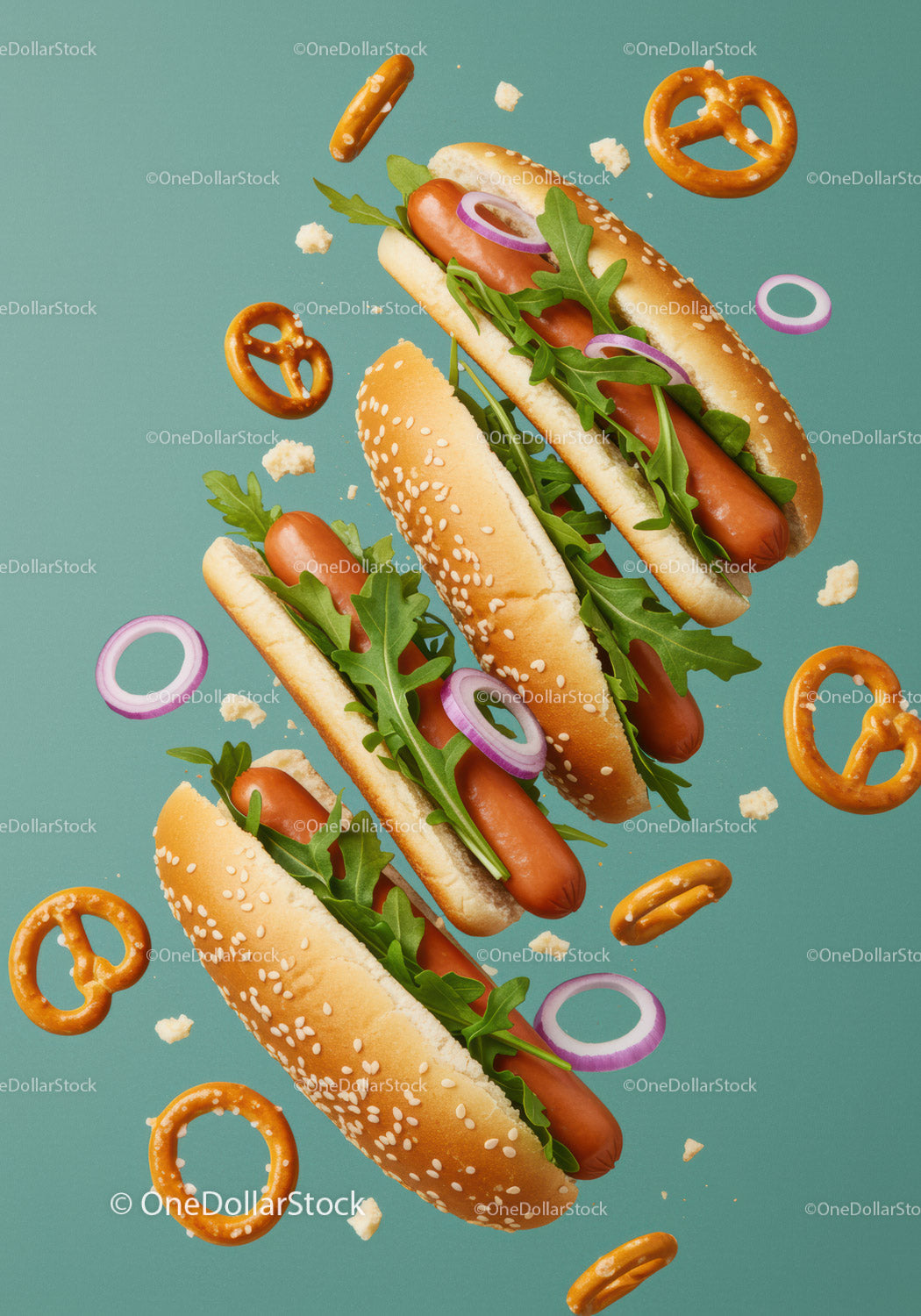 Floating Hot Dogs with Arugula and Onion Rings on Blue