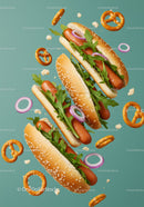 Floating Hot Dogs with Arugula and Onion Rings on Blue