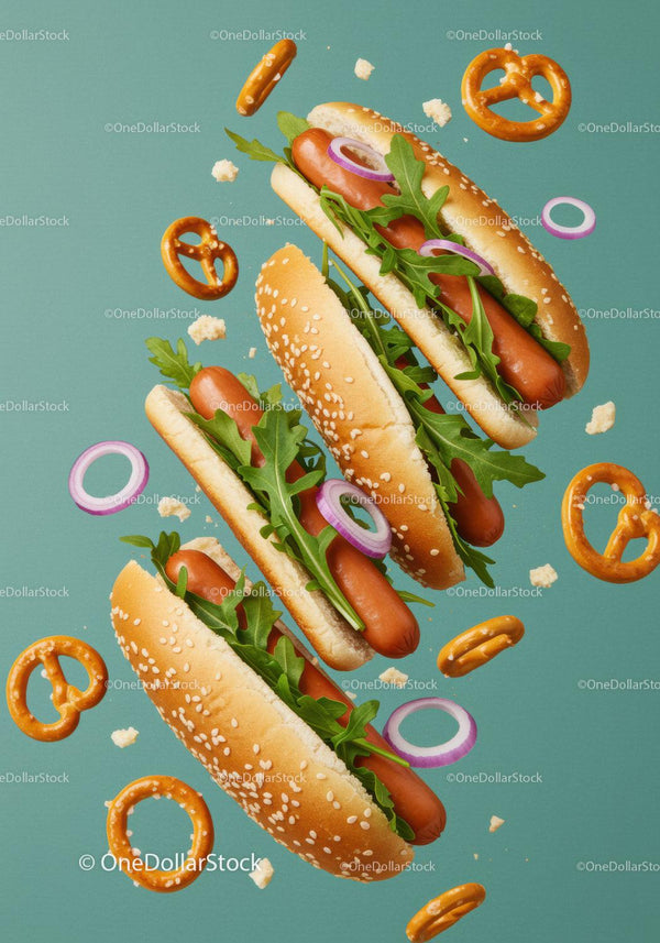 Floating Hot Dogs with Arugula and Onion Rings on Blue