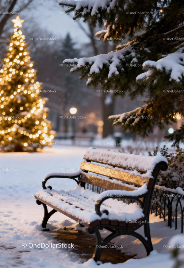 Snow-Covered Bench by Illuminated Christmas Tree