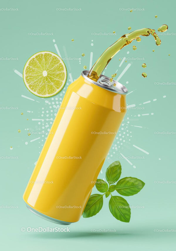 Refreshing Citrus Drink Splash with Fresh Basil Leaves JPG Mockup Image