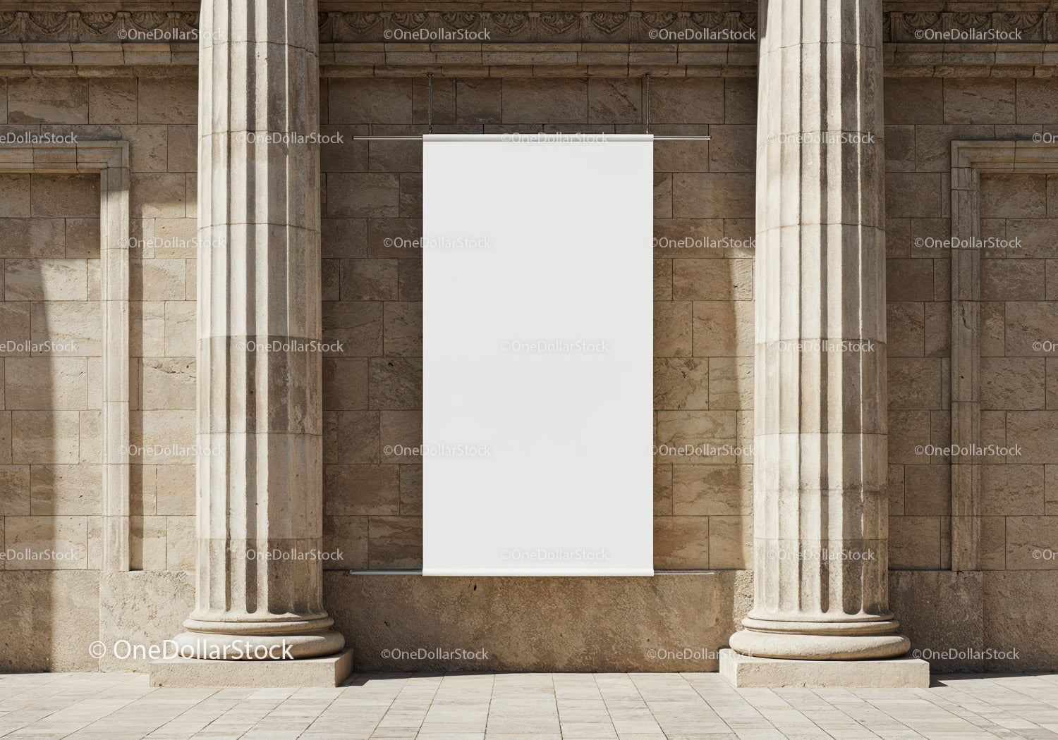 Blank White Banner Hanging Between Stone Columns