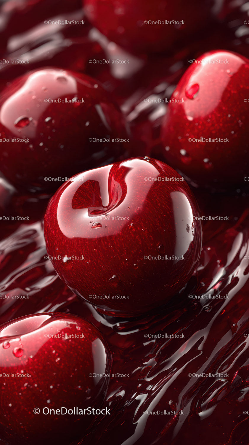 Close-up of Juicy Ripe Red Cherries with Water Droplets