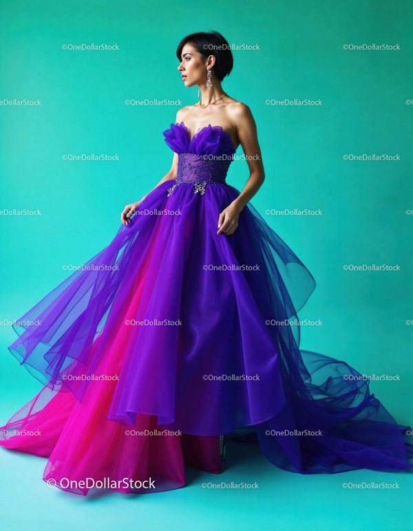 Elegant Woman in Vibrant Purple Evening Gown on Colorful Backdrop
