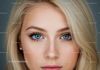 Close-up portrait of young woman with blue eyes and blonde hair