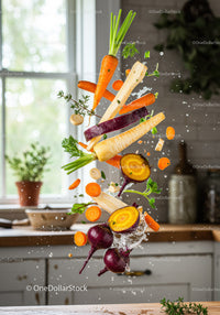 Fresh Root Vegetables Splashing in Kitchen Air