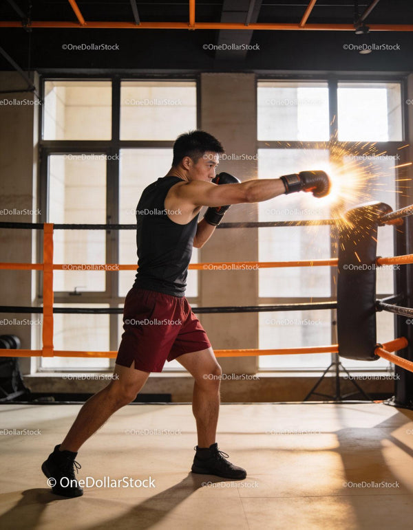 Boxer practicing powerful punch in modern gym ring