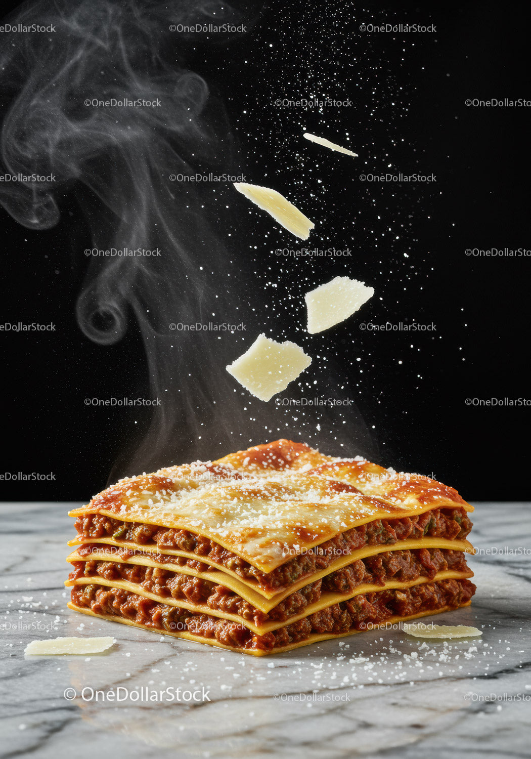 Steaming layered lasagna slice with falling parmesan cheese