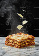 Steaming layered lasagna slice with falling parmesan cheese
