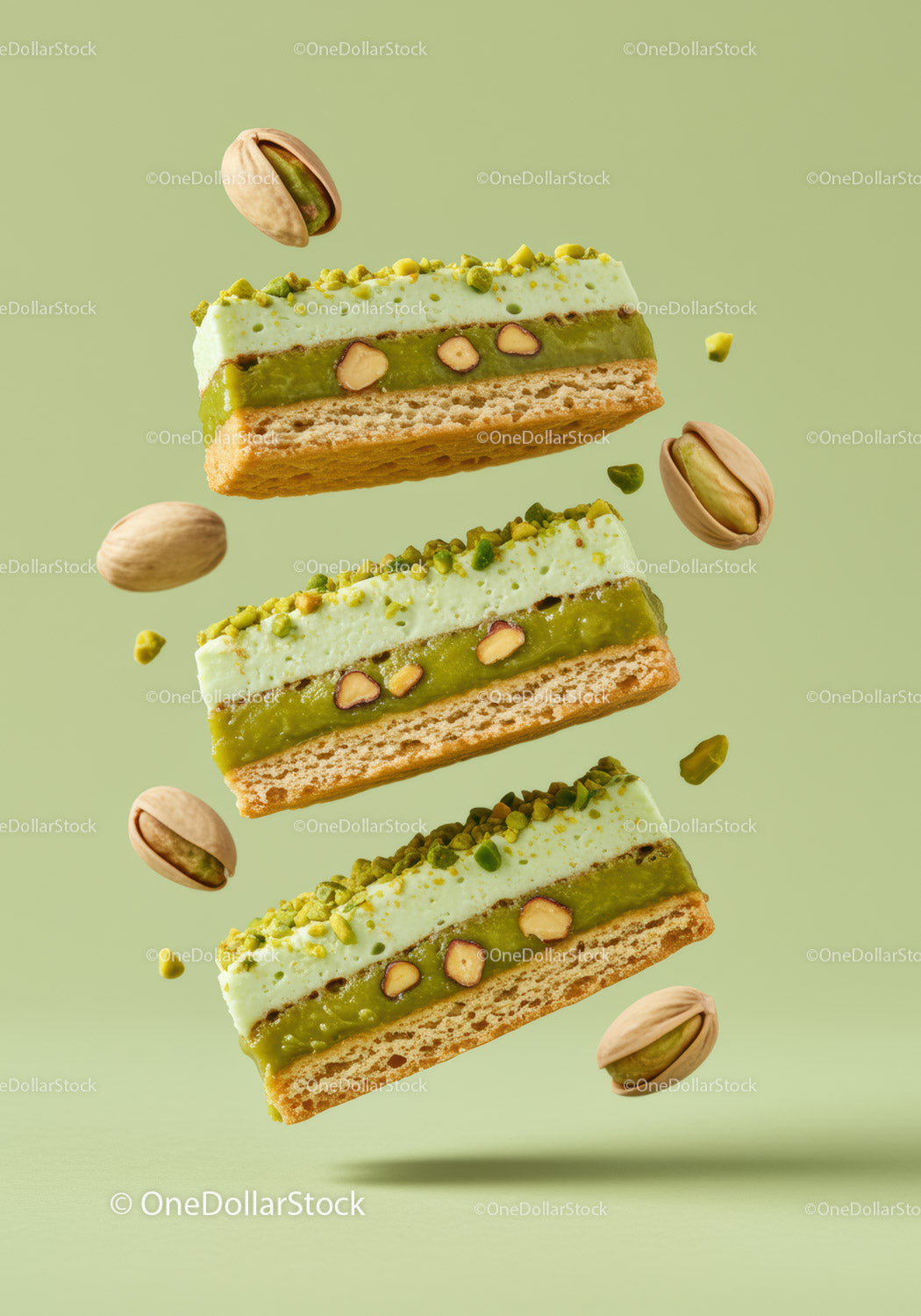 Delikatne ciasta pistacjowe z kremem orzechowym na zielonym tle