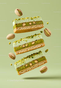 Delicate Pistachio Cream Cakes with Nuts on Green
