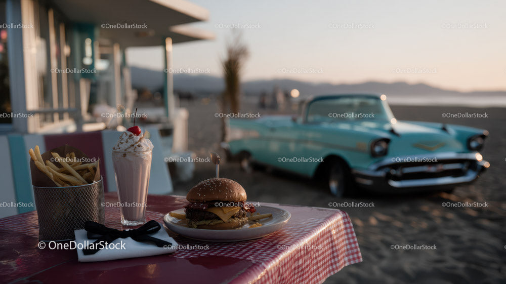 Vintage Car and Beachside Meal Scene with Classic American Food