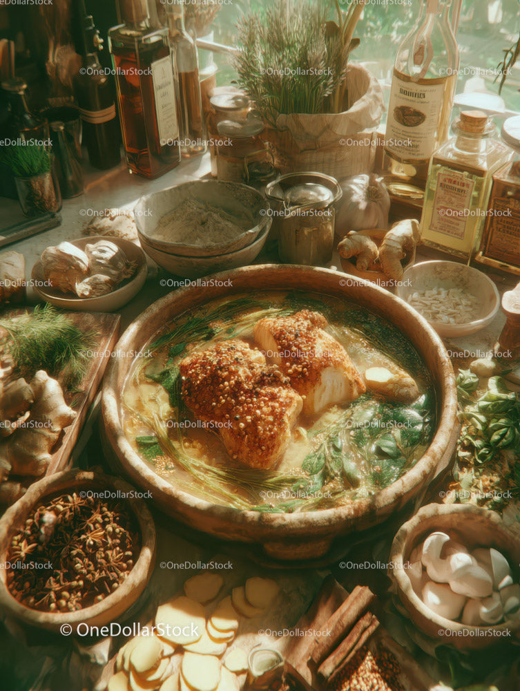 Herb-Seasoned Roast Chicken Cooking in Rustic Kitchen