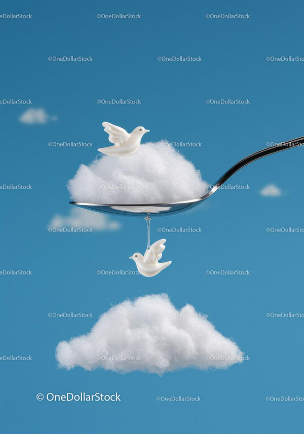 White ceramic birds on cotton clouds with silver spoon