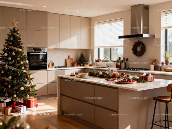 Modern kitchen decorated for cozy Christmas celebration