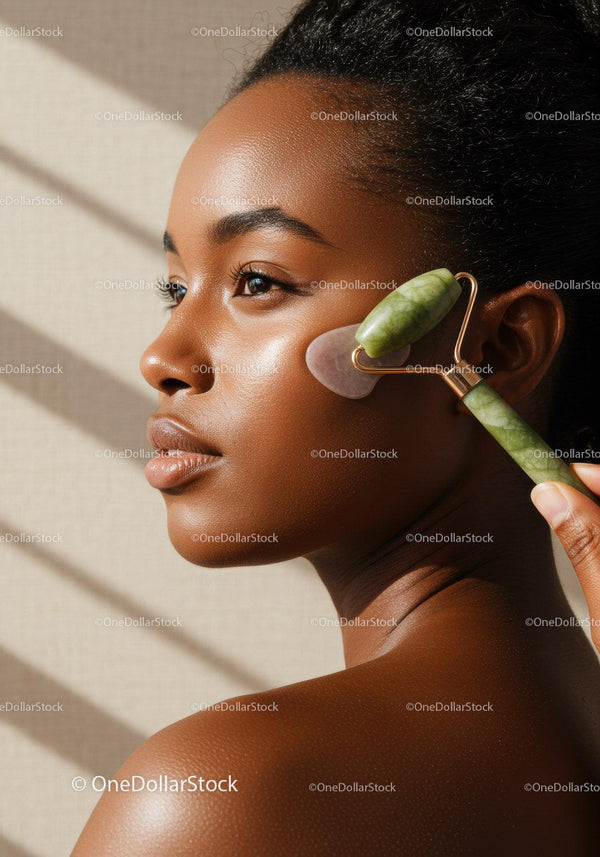 Beautiful Woman Using Jade Roller for Skin Rejuvenation
