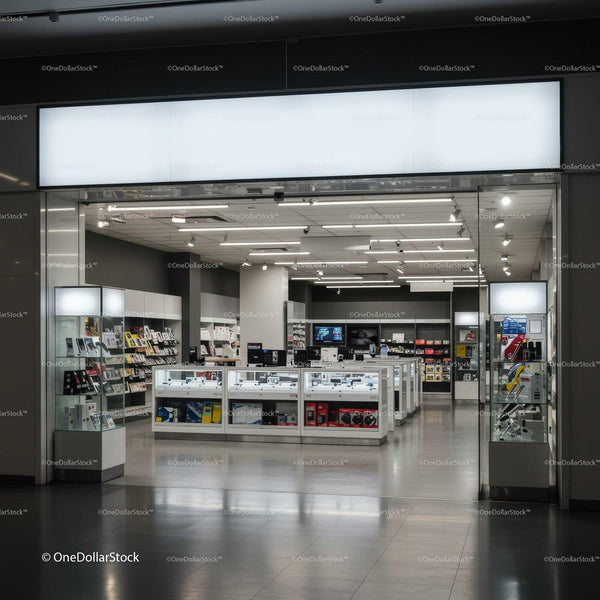 Modern Electronics Store Interior with Display Counters JPG Mockup Image