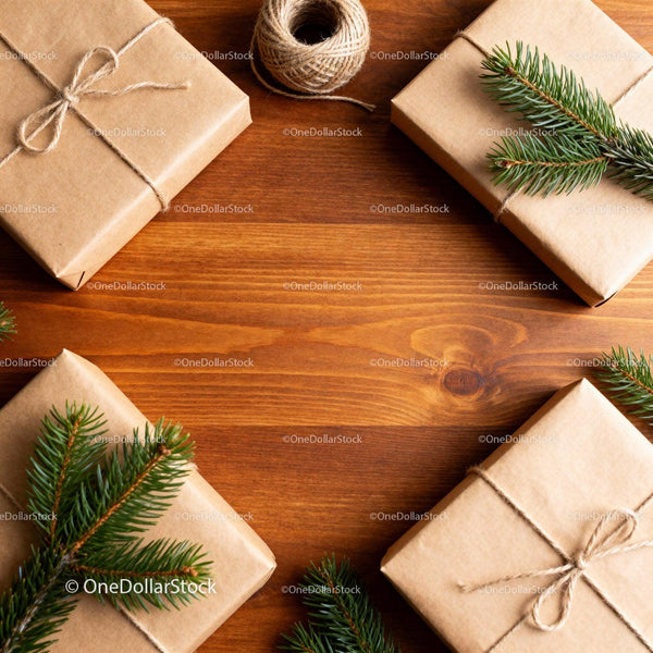 Crafted Christmas gifts wrapped with natural twine and pine
