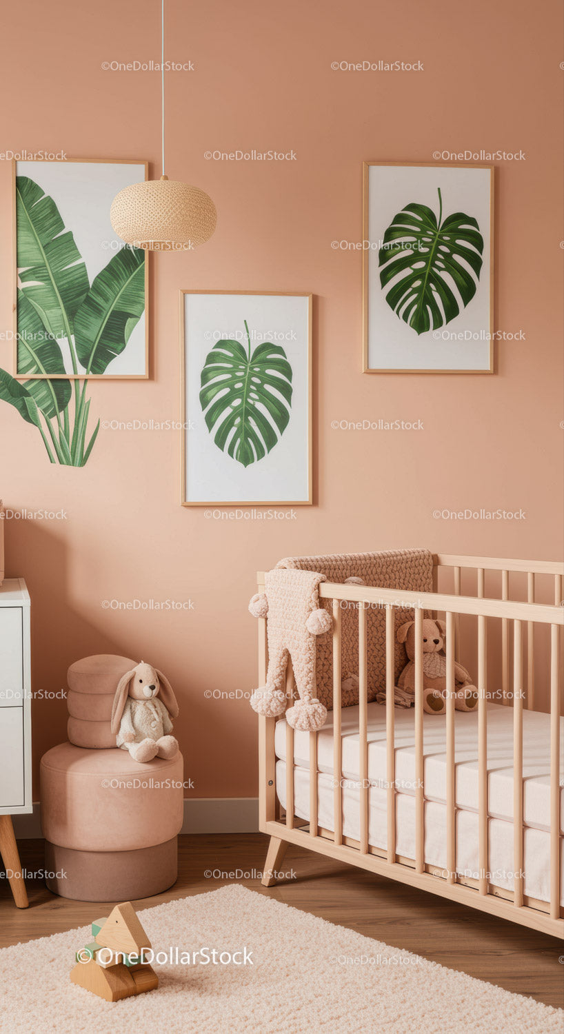 Modern Baby Nursery with Monstera Leaf Wall Art and Cozy Decor