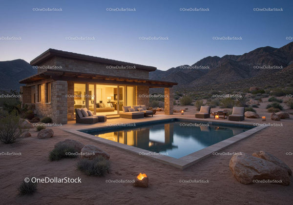 Luxury Desert Home with Swimming Pool and Mountain View at Dusk