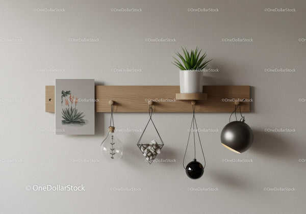 Stylish Modern Wall Shelf with Green Houseplant and Hanging Lights