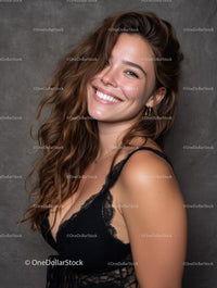Portrait of a Smiling Woman with Wavy Hair and Black Lace Top
