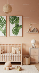 Modern Nursery Decor with Tropical Leaf Wall Art and Plush Toys