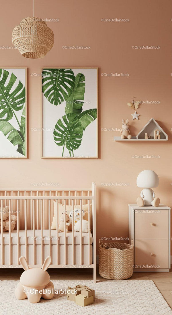 Modern Nursery Decor with Tropical Leaf Wall Art and Plush Toys