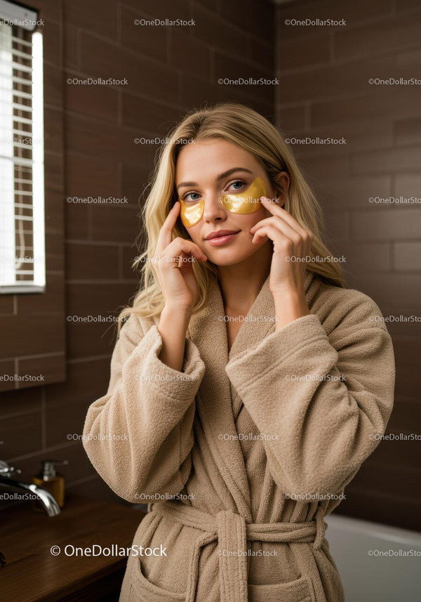 Woman in a beige bathrobe applying eye patches in a cozy bathroom