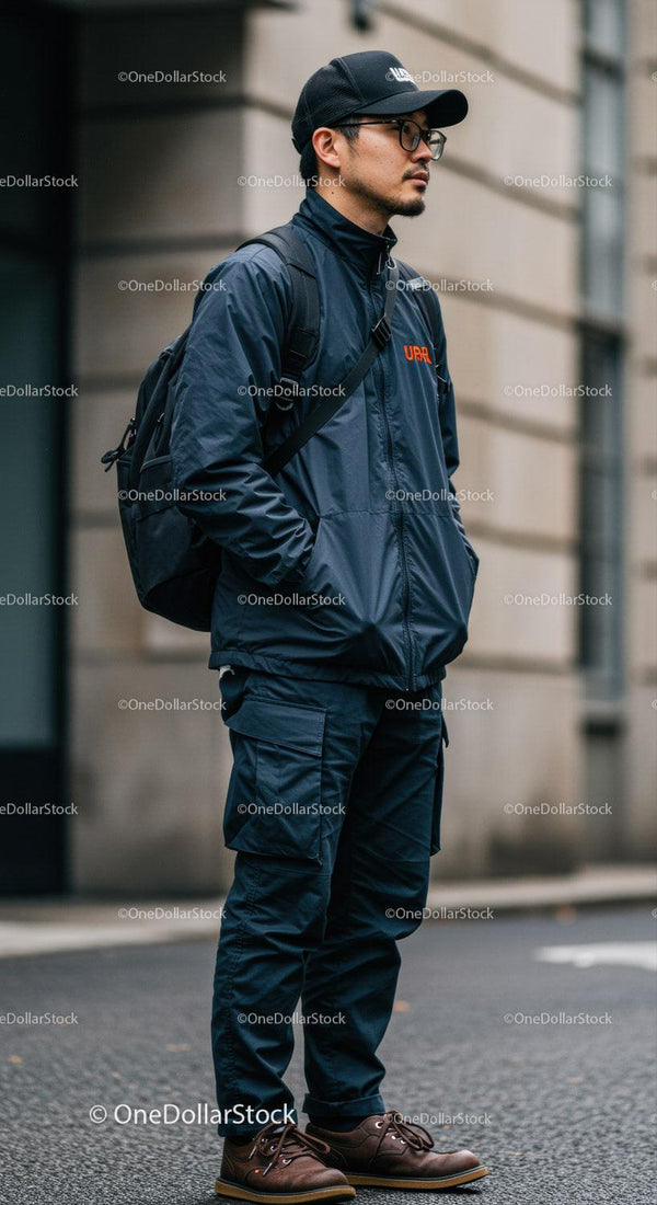 Stylowy mężczyzna w miejskim streetwearze z plecakiem i czapką